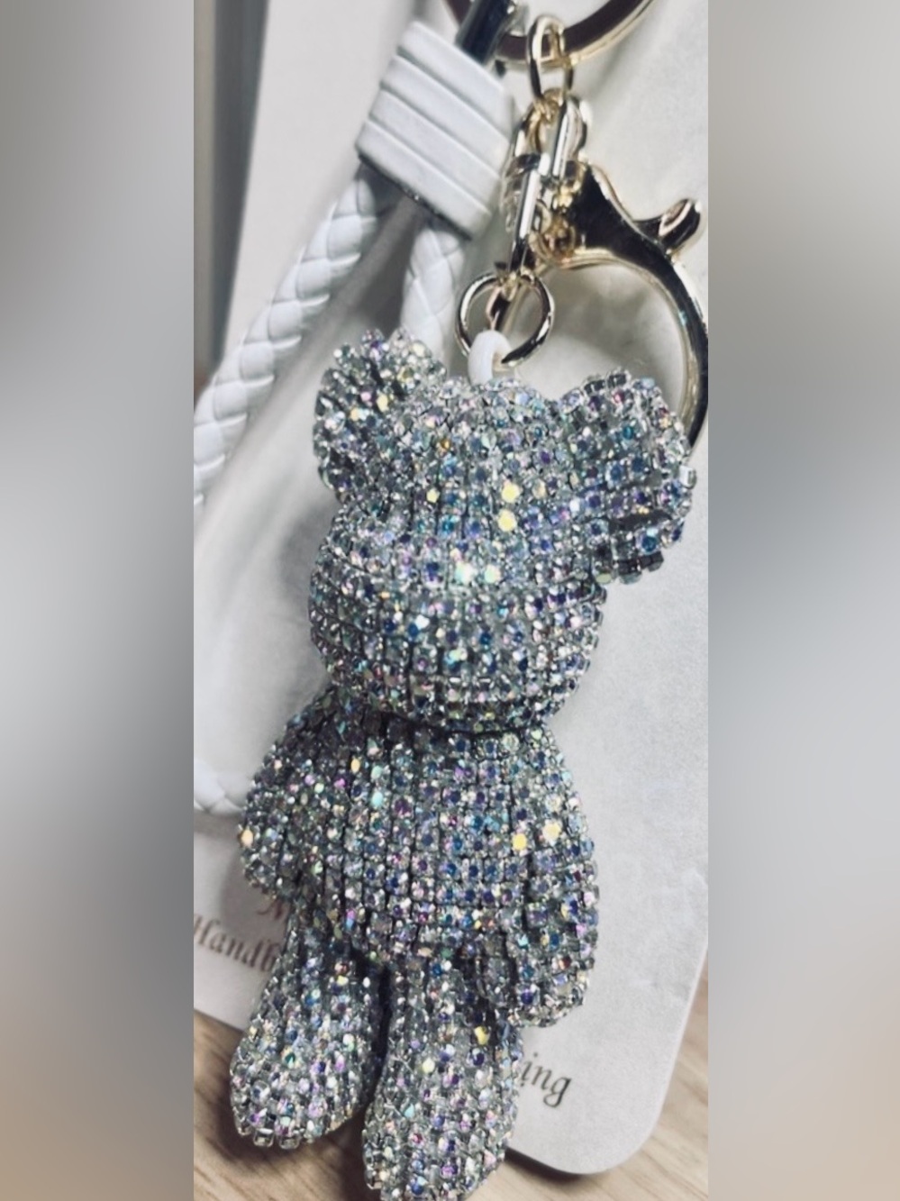 Natasha LARGE Iridescent Crystal Teddy Bear Bag Charm / Keychain / Wristlet, NIP - Picture 7 of 8